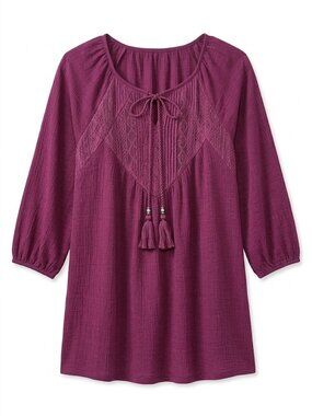 Faded Glory Plus Size Plum Purple Boho Chic Cottagecore Lace Tasseled Top